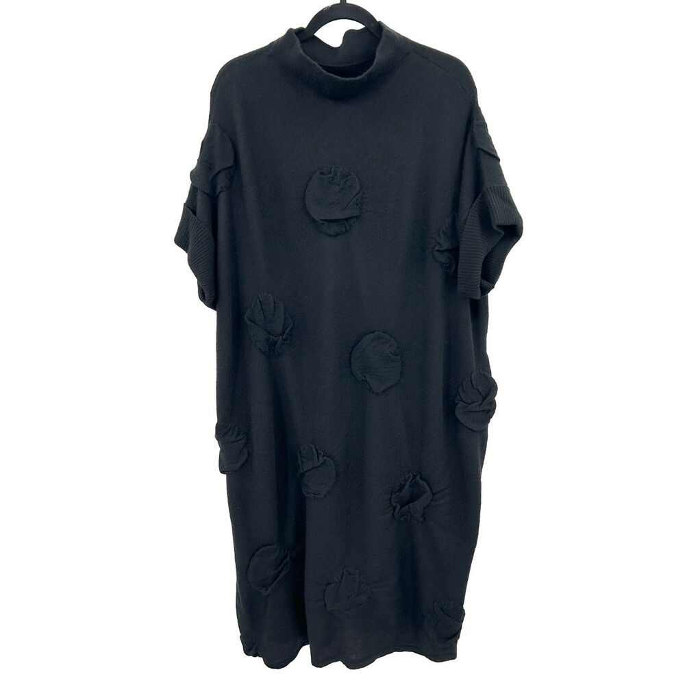MOYURU Wool Blend Oversized Rosette Cowl Neck Sweater Dress Black Medium